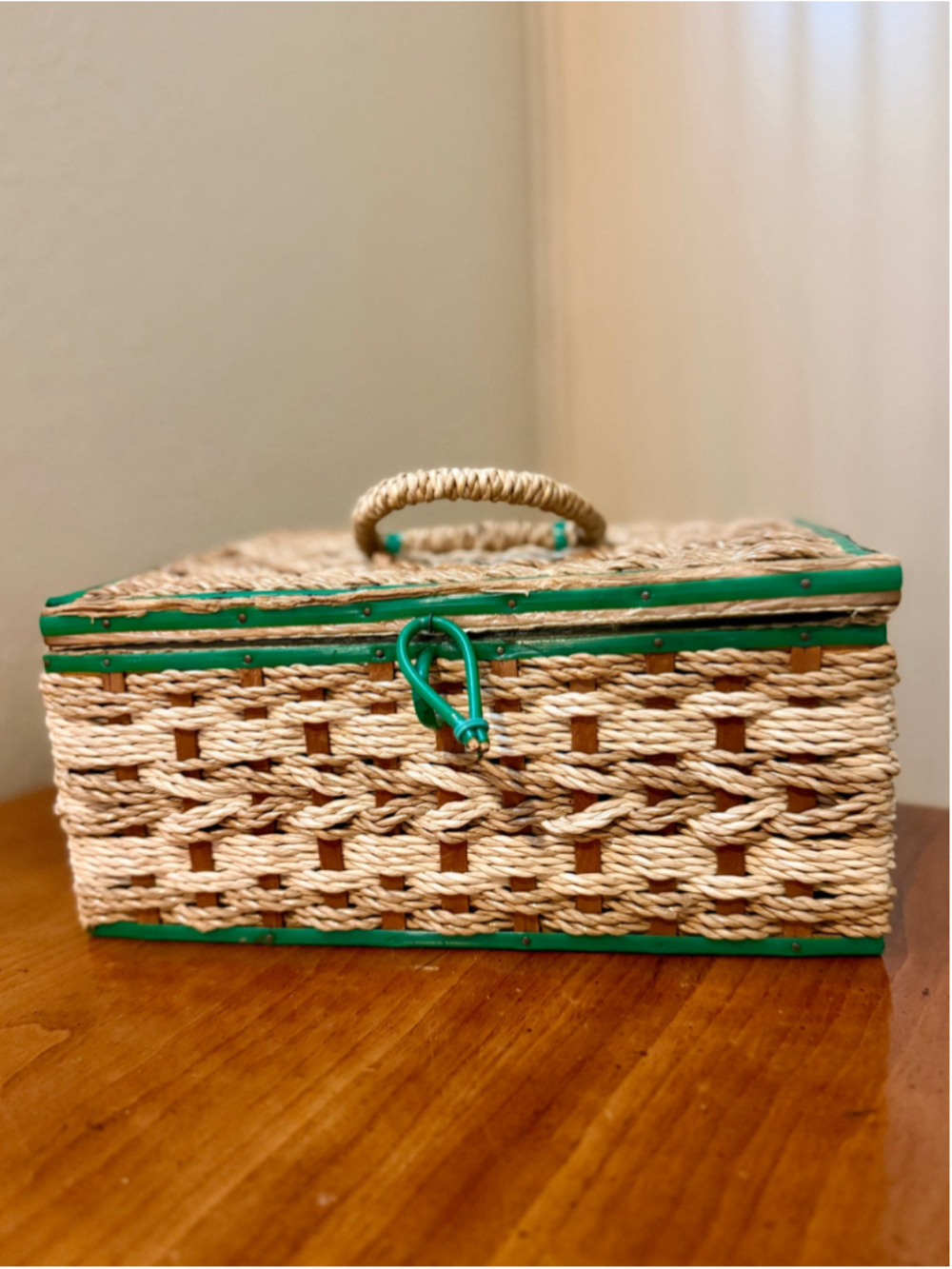 Vintage Woven Straw Sewing Basket Green Floral Satin Tufted Lining Pincushion